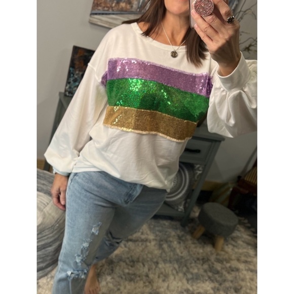 Mardi Gras Sequined Color Block French Terry Purple Green Gold Ivory 1123 - Picture 9 of 11